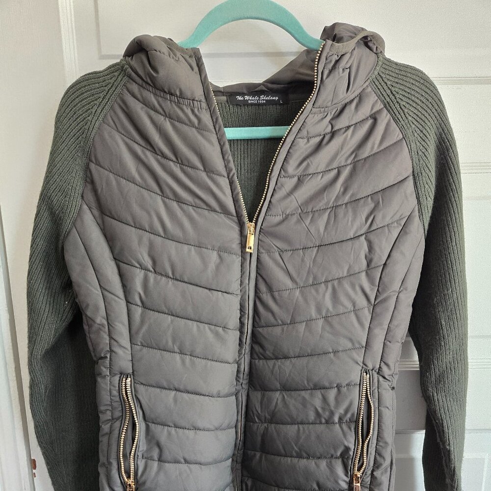 🌿 The Whole Shebang Olive Green Hybrid Quilted Knit Jacket - Large